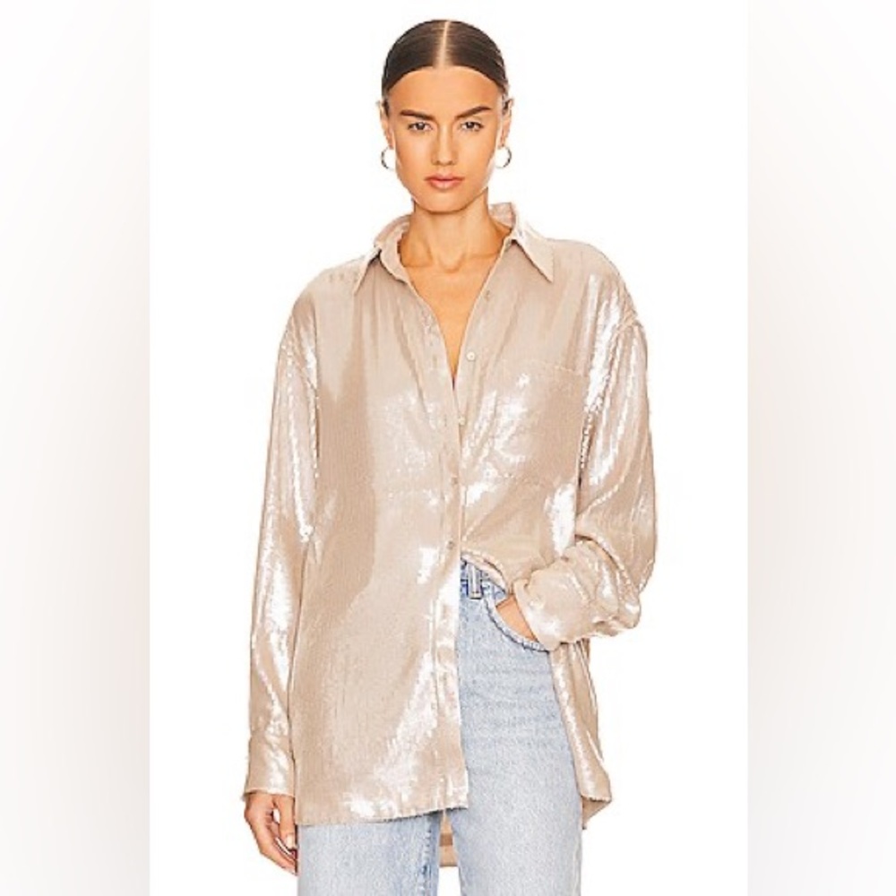 Retrofête Jace Sequin Shirt Champagne Button Down Oversized Top S